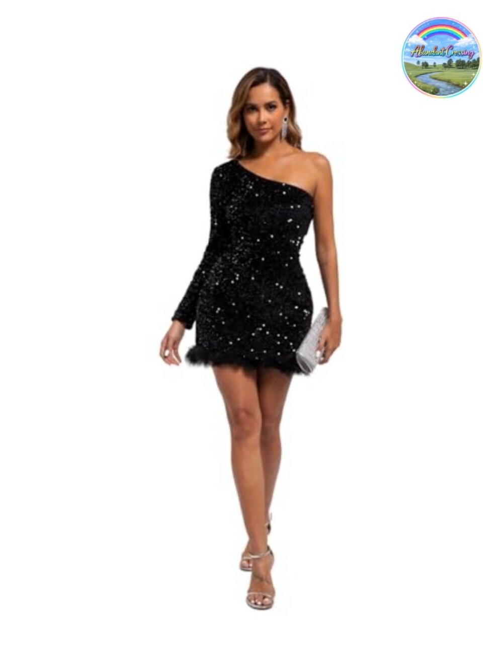 Sexy Sparkly Sequins Mesh See Through Mini Dress Long Sleeve